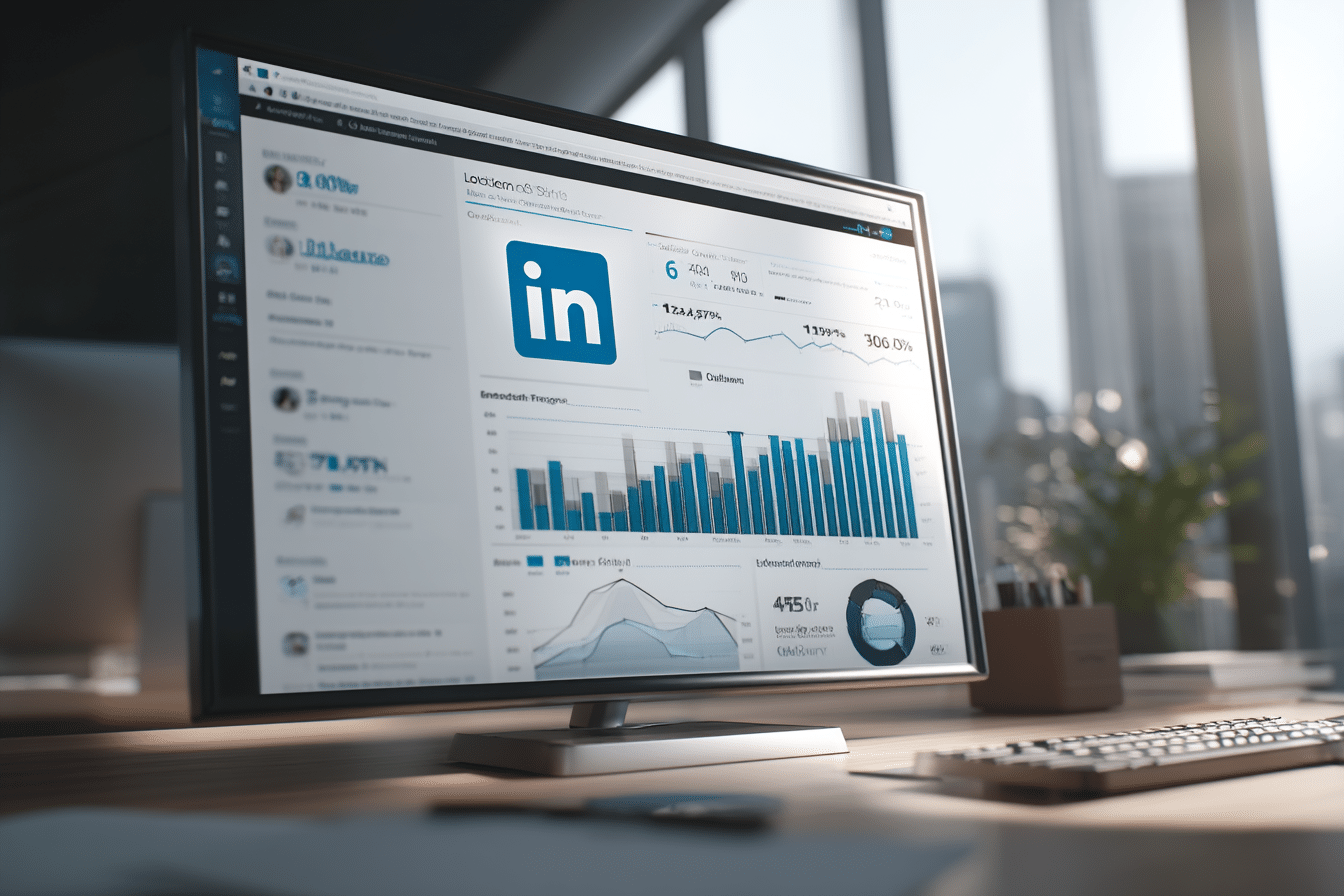 Écran d’ordinateur affichant un tableau de bord LinkedIn avec des statistiques en hausse, dans un bureau lumineux et moderne.