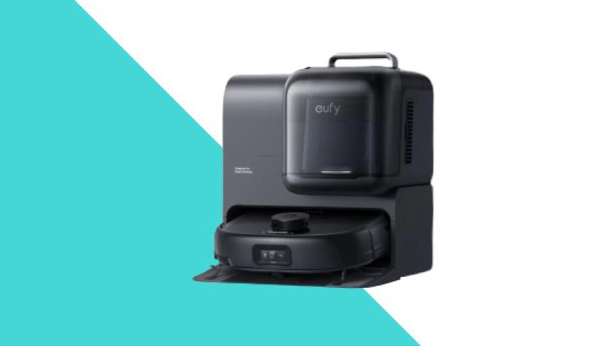 Photo de l'aspirateur robot Eufy E28 Omni dans sa station de base