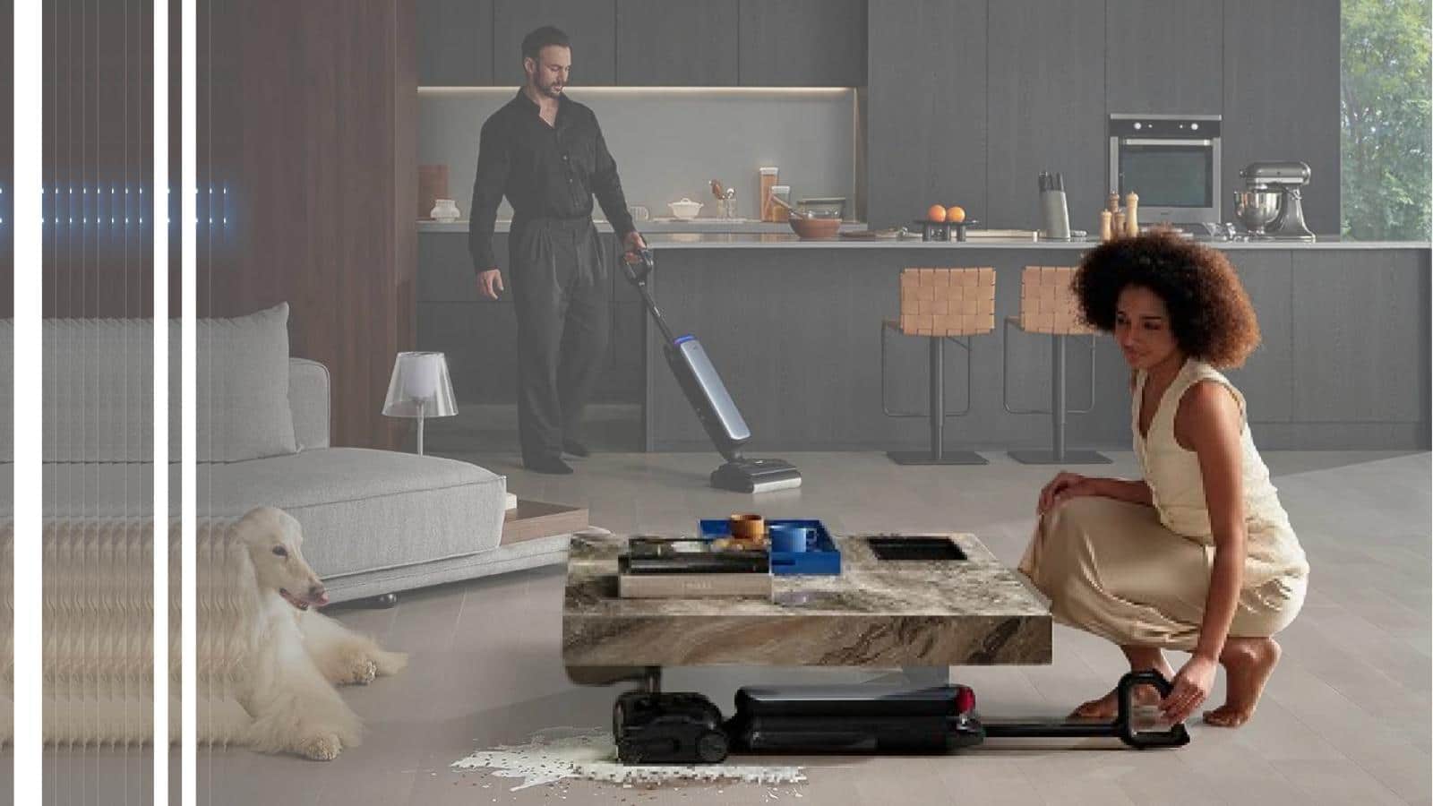 Une jeune femme est en train d'utiliser l'aspirateur laveur Tineco Floor One S9