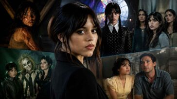Gros plan central de Jenna Ortega en blazer noir, entouré de vignettes d'elle dans Mercredi, Beetlejuice, Scream, et des scènes d'horreur.