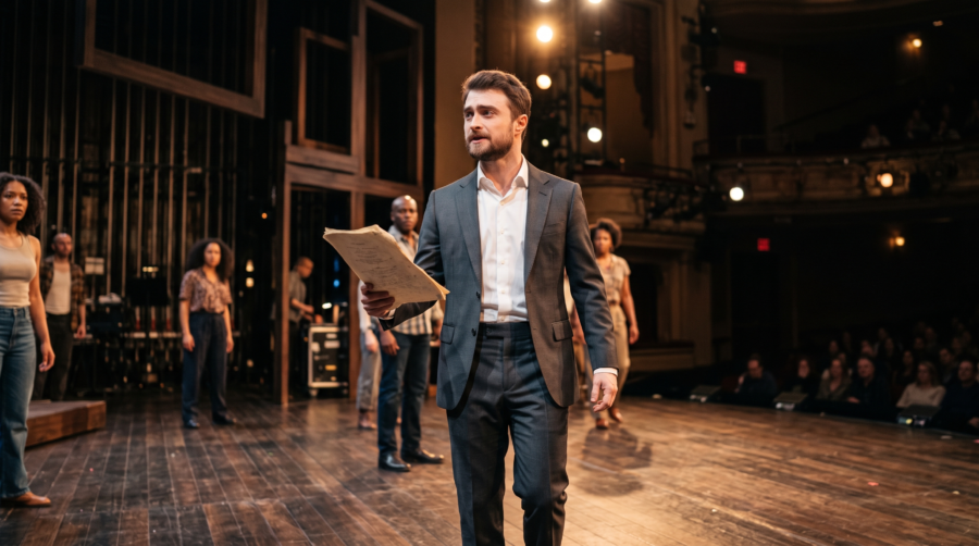 Un cliché grand angle capture Daniel Radcliffe en costume gris lisant un script sur une scène en bois sombre, éclairée par des projecteurs jaunes.