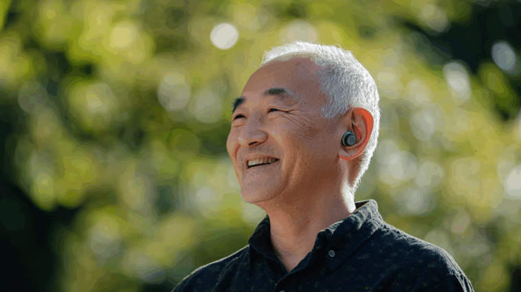 Un homme senior souriant en pleine conversation détendue à l’extérieur, à la lumière naturelle du jour, portant un appareil auditif moderne presque invisible