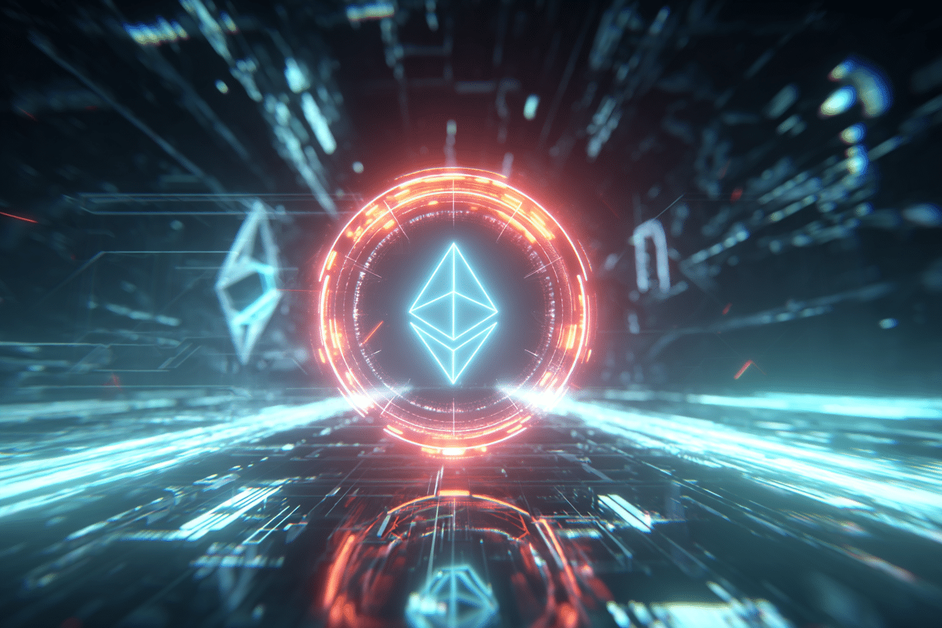 Tableau comparatif stylisé des blockchains Ethereum, Solana, Aptos et Sui dans un décor immersif de métavers aux graphismes futuristes.