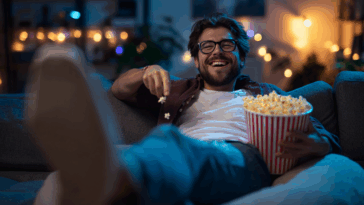 Jeune homme détendu devant un film, riant et pointant l’écran de télévision dans une ambiance chaleureuse de home cinéma.