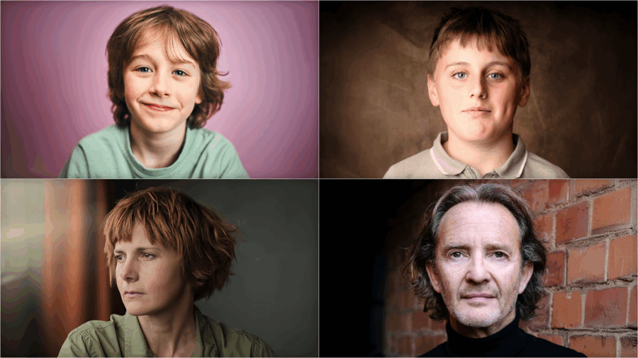 Portraits des acteurs Rory Wilmot, Amos Kitson, Louise Brealey et Anton Lesser, nouveaux membres du casting de la série Harry Potter sur HBO.