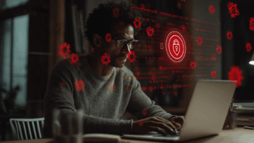Utilisateur concentré devant un ordinateur portable affichant des icônes HTTPS et VPN, entouré d’avertissements visuels sur les risques de virus et de phishing.