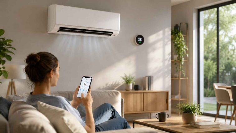 Une femme dans son salon moderne gère sa climatisation murale et un thermostat intelligent à l'aide de son smartphone.