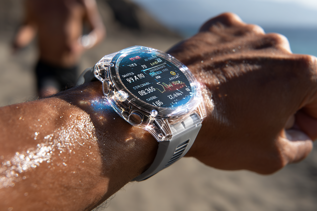 Gros plan sur une montre connectée projetant des données de performance en réalité augmentée sur le bras d'un athlète pendant l'effort.