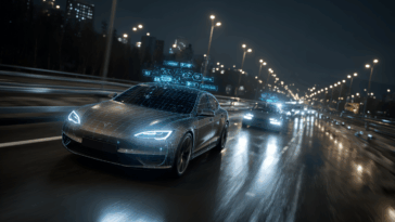 Voiture connectée roulant de nuit sur une autoroute, avec phares allumés, affichage tête haute et symbole holographique de réseau flottant au-dessus du véhicule.