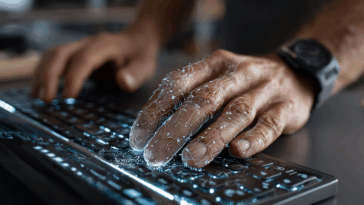 Gros plan sur une main utilisant un scanner biométrique futuriste intégré à un clavier pour accéder à un compte de jeu en ligne, symbolisant l’authentification forte et sécurisée.