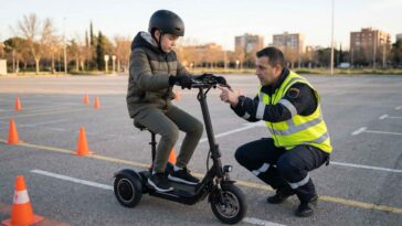 Un instructeur donne des conseils de conduite légale précis à un garçon sur son scooter à trois roues.