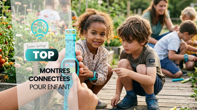 Enfants dans un jardin partagé regardant une montre connectée pour enfant affichant un appel vidéo.