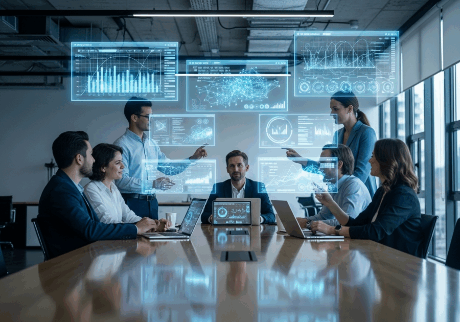 Une photo illustrant la transformation digitale d'une entreprise avec des hologrammes indicateurs de performance en surimpression