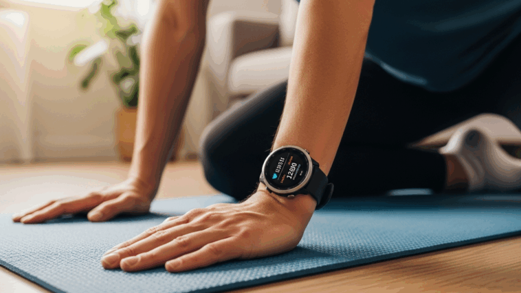 Sportif s’entraînant dans son salon avec une montre GPS affichant le rythme cardiaque sur un tapis de sport.