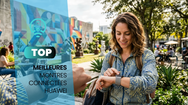 Une femme assise en extérieur utilise sa montre connectée, tandis qu'un premier plan montre un poignet avec une montre similaire affichant des données d'activité, devant une fresque murale colorée.