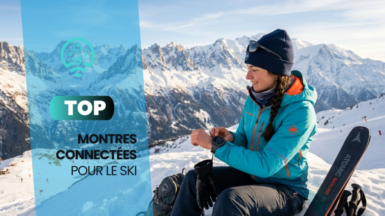 Une skieuse assise dans la neige consulte sa montre connectée face à un panorama de montagnes enneigées, avec ses skis posés à côté d'elle.
