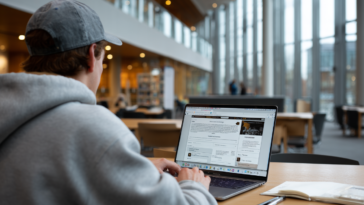 Étudiant en bibliothèque utilisant ChatGPT et Textero sur un ordinateur portable.