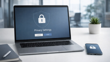 Bureau professionnel affichant des paramètres de sécurité numérique sur un écran, illustrant la conformité des plateformes en ligne en Europe et la protection des données.