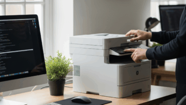 Bureau moderne et épuré avec une imprimante récente, utilisateur réglant les paramètres d’impression sur ordinateur, lumière douce et ambiance professionnelle.