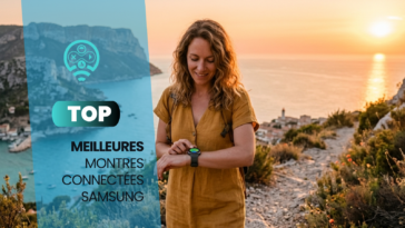 Une femme en robe jaune marche sur un sentier côtier au coucher du soleil et consulte sa montre connectée, avec une baie et des falaises en arrière-plan.