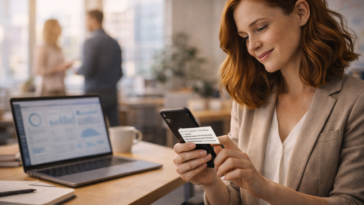 Responsable marketing consultant une campagne sur smartphone avec un logiciel de marketing par SMS et des statistiques de performance sur ordinateur.