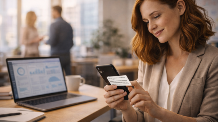 Responsable marketing consultant une campagne sur smartphone avec un logiciel de marketing par SMS et des statistiques de performance sur ordinateur.