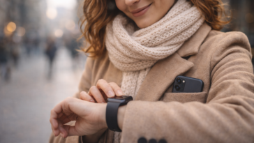 Personne utilisant une montre connectée en ville sans smartphone à la main, pour rester connectée partout après Noël.