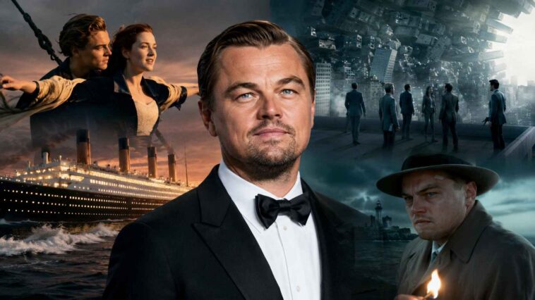 DiCaprio en smoking au centre, avec Jack et Rose sur le Titanic, une ville distordue et lui en détective.