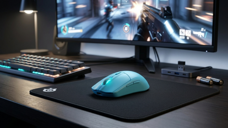 La souris SteelSeries Rival 3 Wireless dans un setup de gaming