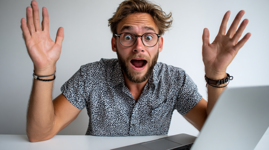 Homme à lunettes en chemise à pois, exprimant une surprise intense devant son ordinateur portable argenté sur fond blanc.
