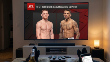 Vue subjective d'une personne installée confortablement sur un canapé, les pieds sur la table basse, regardant une affiche de combat "UFC Fight Night" entre Della Maddalena et Prates sur un grand écran de télévision. La personne tient une bière dans une main et un smartphone dans l'autre. Le meuble TV, situé sous l'écran, supporte une barre de son et une console de jeux, le tout dans une ambiance de salon calme et tamisé.