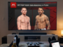 Vue subjective d'une personne installée confortablement sur un canapé, les pieds sur la table basse, regardant une affiche de combat "UFC Fight Night" entre Della Maddalena et Prates sur un grand écran de télévision. La personne tient une bière dans une main et un smartphone dans l'autre. Le meuble TV, situé sous l'écran, supporte une barre de son et une console de jeux, le tout dans une ambiance de salon calme et tamisé.