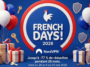 Visuel festif sur fond bleu pour les French Days 2026 de NordVPN. Au centre, un emblème circulaire tricolore avec un coq blanc contient le texte « FRENCH DAYS! 2026 ». L'image est décorée de ballons bleus, blancs et rouges, de paquets cadeaux rubanés, de clés dorées et de boucliers. En bas, l'offre annonce « Jusqu'à -77 % de réduction pendant 25 mois » pour la période du 29 avril au 05 mai 2026.