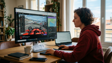Une jeune femme portant un sweat-shirt à capuche rouge Red Bull Racing et un casque audio est assise à une table en bois, travaillant sur un ordinateur. Devant elle, un grand écran affiche la retransmission en direct d'une course de Formule
