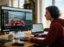 Une jeune femme portant un sweat-shirt à capuche rouge Red Bull Racing et un casque audio est assise à une table en bois, travaillant sur un ordinateur. Devant elle, un grand écran affiche la retransmission en direct d'une course de Formule