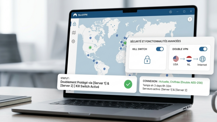 Capture d'écran de l'application NordVPN sur un ordinateur portable montrant une carte du monde. Des fenêtres contextuelles mettent en avant les « Sécurité et fonctionnalités avancées » avec les interrupteurs activés pour le « KILL SWITCH » et le « DOUBLE VPN ». Un schéma montre le trajet des données via des serveurs aux USA et aux Pays-Bas. Une bannière de statut confirme : « Doublement Protégé » et « Chiffré (Double AES-256) »