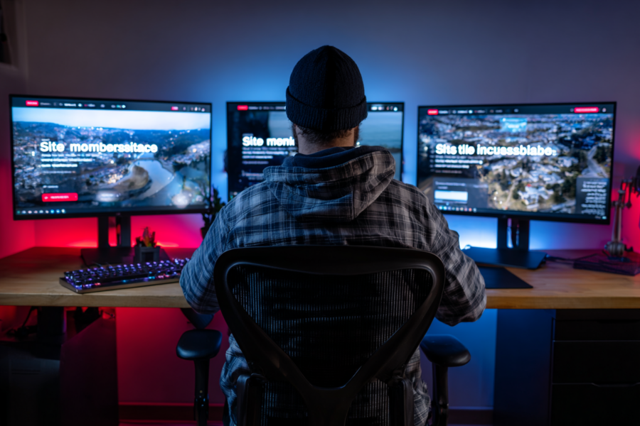 Utilisateur face à trois écrans d'ordinateur affichant un message d'erreur de site inaccessible suite à un blocage FAI.