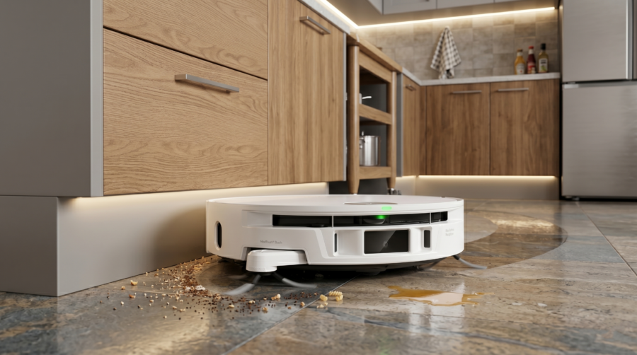 Le MOVA S70 Ultra Roller en plein nettoyage de la cuisine.