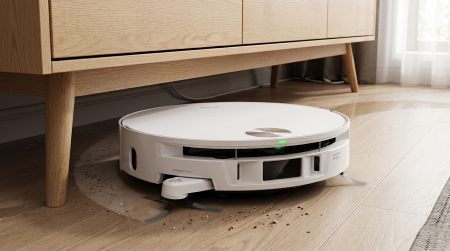 Le MOVA S70 Ultra Roller en train de nettoyer sous un meuble.