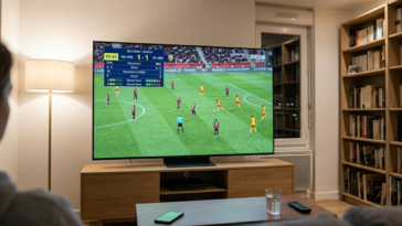 Vue de dos d'une personne assise dans un salon chaleureux, regardant un match de football entre l'OGC Nice et le RC Lens sur un grand écran plat posé sur un meuble en bois. À droite, une grande bibliothèque remplie de livres complète l'ambiance cosy