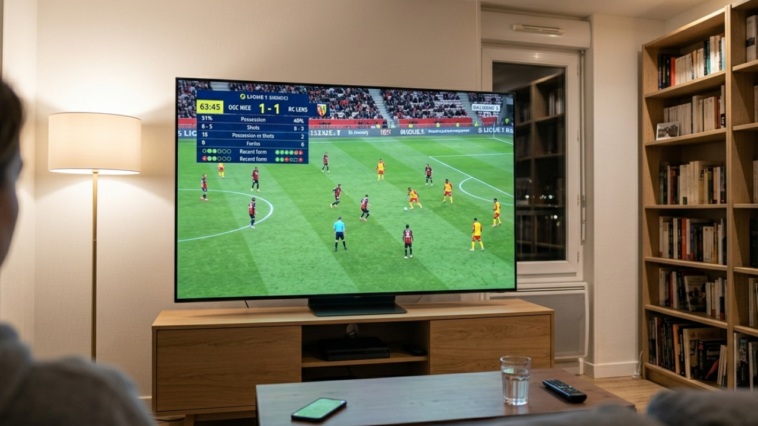 Vue de dos d'une personne assise dans un salon chaleureux, regardant un match de football entre l'OGC Nice et le RC Lens sur un grand écran plat posé sur un meuble en bois. À droite, une grande bibliothèque remplie de livres complète l'ambiance cosy