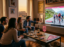 Groupe d'amis regardant une étape de cyclisme du Giro d'Italia à la télévision dans un salon à Rome au coucher du soleil.