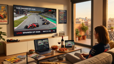 Une femme regarde en direct le Grand Prix d'Espagne 2026 sur un grand écran de télévision dans un salon moderne avec vue sur Barcelone. L'expérience de visionnage est multi-écrans avec un ordinateur portable affichant la télémétrie et une tablette montrant un angle de vue différent. Le salon est décoré aux couleurs de la F1 avec des affiches "Barcelona" et "2026 Grid". Sur la table basse, des tapas et du vin accompagnent la retransmission
