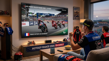 Une scène d'intérieur chaleureuse montrant deux fans de moto regardant avec enthousiasme le Grand Prix de France 2026 sur un très grand écran plat. L'homme au premier plan porte un maillot Yamaha et une casquette VR46, les poings serrés en signe de victoire. Le salon est décoré avec passion : répliques de motos miniatures, drapeaux français et affiches du circuit du Mans. L'écran affiche une course de MotoGP en direct avec plusieurs pilotes en plein virage.