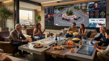 Groupe d'amis réuni dans un salon de luxe à Paris pour regarder le Grand Prix de Monaco de Formule 1 en direct sur un écran géant.