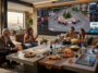 Groupe d'amis réuni dans un salon de luxe à Paris pour regarder le Grand Prix de Monaco de Formule 1 en direct sur un écran géant.