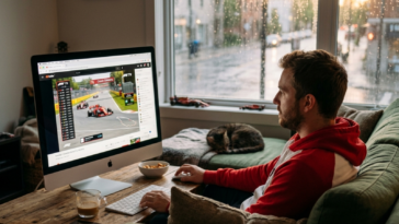 Un homme regarde un Grand Prix de Formule 1 en streaming sur un iMac dans son salon par temps de pluie.