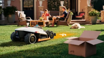 Le robot tondeuse Mammotion LUBA 3 AWD en action dans un jardin.
