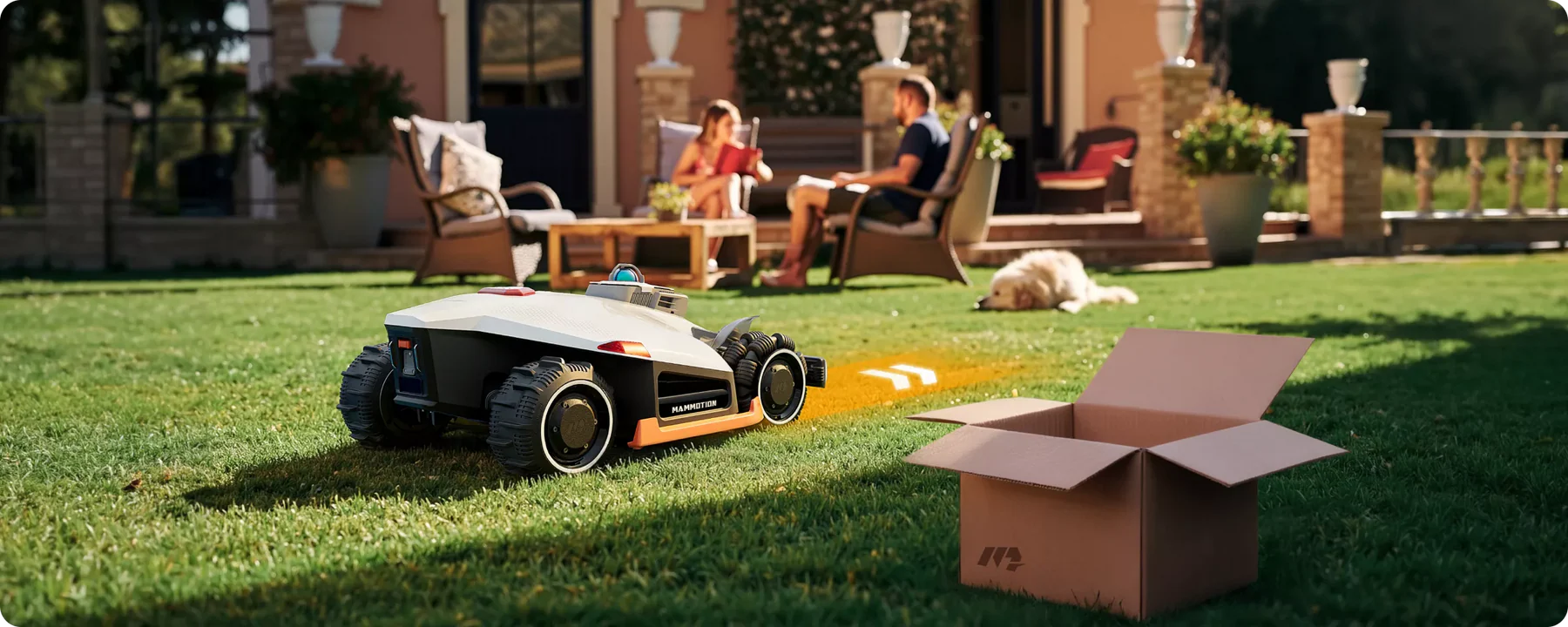 Le robot tondeuse Mammotion LUBA 3 AWD en action dans un jardin.