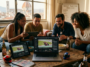Groupe d'amis réunis dans un appartement à Florence pour regarder une course de MotoGP d'Italie en streaming sur un ordinateur portable.